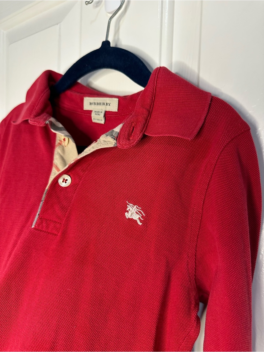 Burberry Red White Logo Long Sleeve Polo Shirt Sz 6Y Streetwear Preppy Winter - Picture 6 of 10